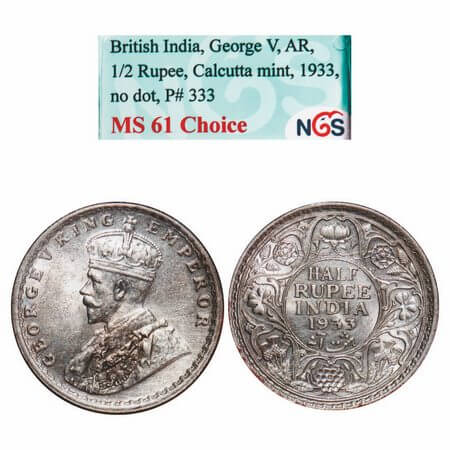 George V, Silver, Half Rupee, 1933, Calcutta Mint, No dot. F. Prid 333. GK 1073. NGS Slab 