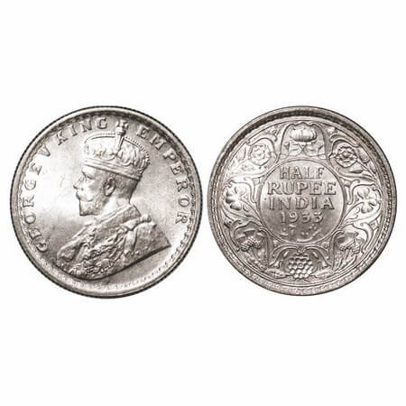 George V, Silver, Half Rupee, 1933, Calcutta Mint, No dot. F. Prid 333. GK 1073. Uncircula
