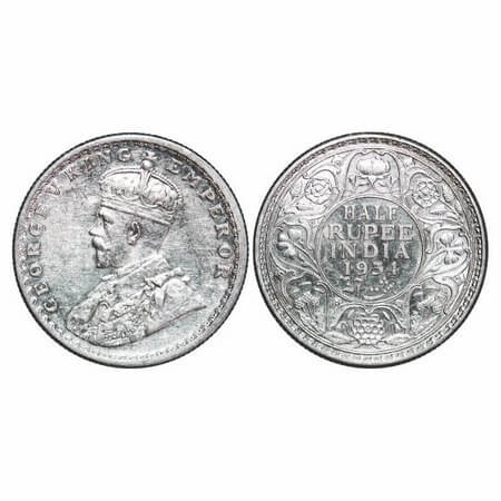 George V, Silver, Half Rupee, 1934, Calcutta Mint, No dot. F. Prid 334. GK 1074. About Unc