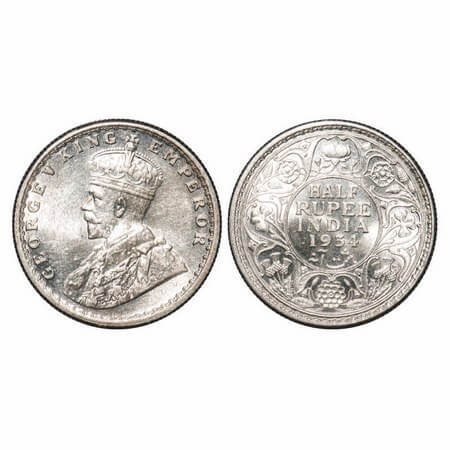 George V, Silver, Half Rupee, 1934, Calcutta Mint, No dot. F. Prid 334. GK 1074. Mint Stat