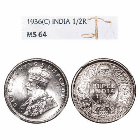 George V, Silver, Half Rupee, 1936, Calcutta Mint, No dot, Elephant. F. Prid 335. GK 1075.