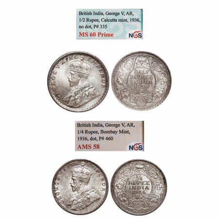 George V, Silver, 1936, (2 slabs), 1) Half Rupee, Calcutta Mint, No dot, 2) 1/4 Rupee, Bom