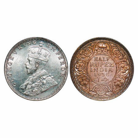 George V, Silver, Half Rupee, 1936, Bombay Mint, Dot. F. Prid 350. GK 1076. Brilliant Unci