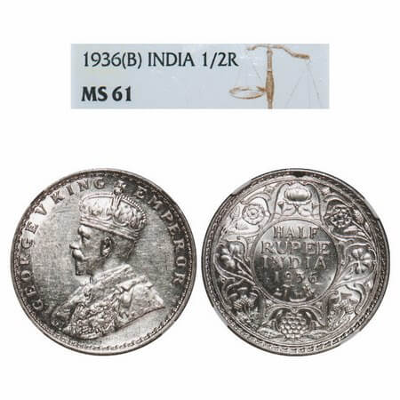 George V, Silver, Half Rupee, 1936, Bombay Mint, Dot. F. Prid 350. GK 1076. NGC Slab MS 61