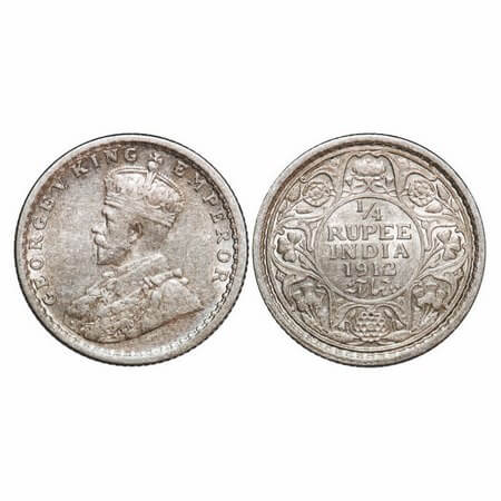 George V, Silver, 1/4 Rupee, 1912, Calcutta Mint, No dot, Re-Drawn Elephant. F. Prid 441. 