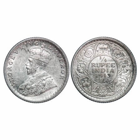 George V, Silver, 1/4 Rupee, 1913, Calcutta Mint, No dot. F. Prid 442. GK 1083. Almost Unc