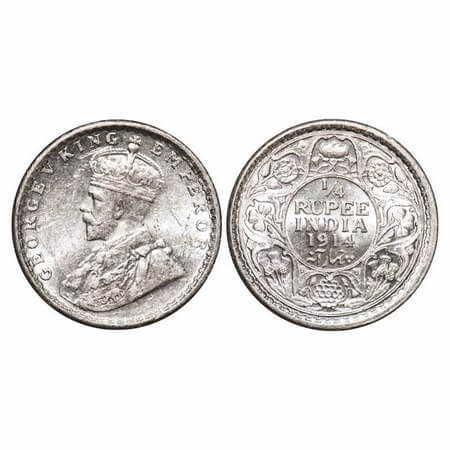 George V, Silver, 1/4 Rupee, 1914, Calcutta Mint, No dot. F. Prid 443. GK 1085. Mint State
