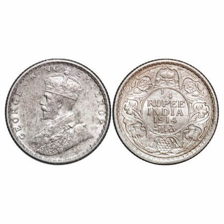 George V, Silver, 1/4 Rupee, 1914, Calcutta Mint, No dot. F. Prid 443. GK 1085. Extremely 