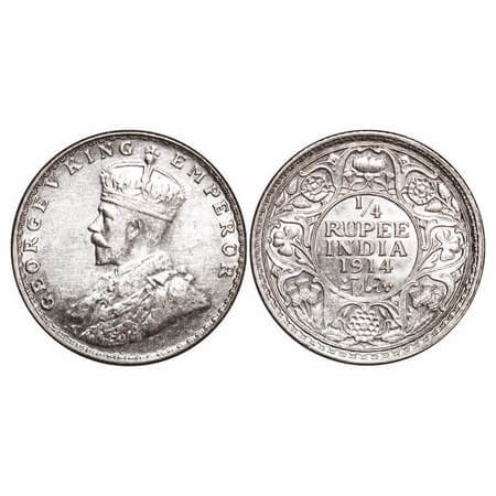 George V, Silver, 1/4 Rupee, 1914, Bombay Mint, Dot. F. Prid 456. GK 1086. Almost Uncircul