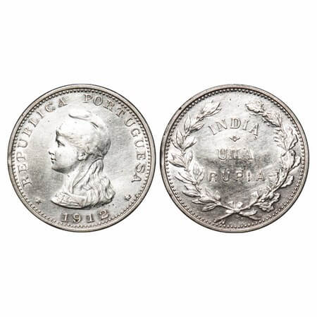 Indo Portuguese, Silver Rupia, 11.54g, Republic (1910-1961 AD), 1912 (overstruck 2 over 1 