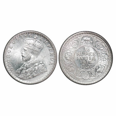 George V, Silver, 1/4 Rupee, 1917, Calcutta Mint, No dot. F. Prid 446. GK 1090. Brilliant 