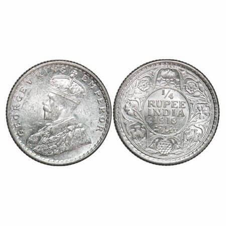 George V, Silver, 1/4 Rupee, 1918, Calcutta Mint, No dot. F. Prid 447. GK 1091. Brilliant