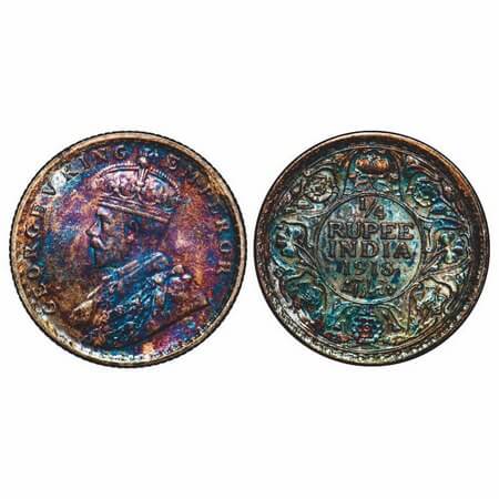 George V, Silver, 1/4 Rupee, 1918, Calcutta Mint, No dot. F. Prid 447. GK 1091. Uncirculat