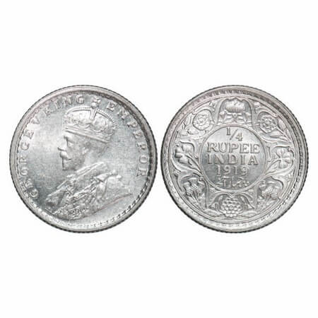George V, Silver, 1/4 Rupee, 1919, Calcutta Mint, No dot. F. Prid 448. GK 1092. Brilliant 