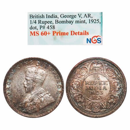 George V, Silver, 1/4 Rupee, 1925, Bombay Mint, Dot. F. Prid 458. GK 1093. NGS Slab MS 60+