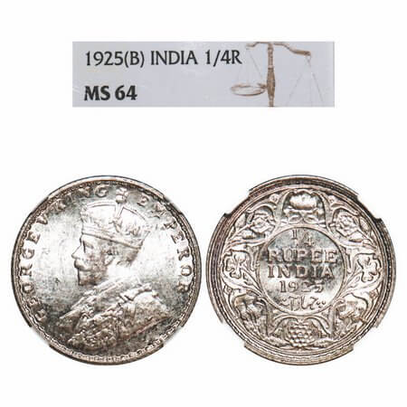 George V, Silver, 1/4 Rupee, 1925, Bombay Mint, Dot. F. Prid 458. GK 1093. NGC Slab MS 64.