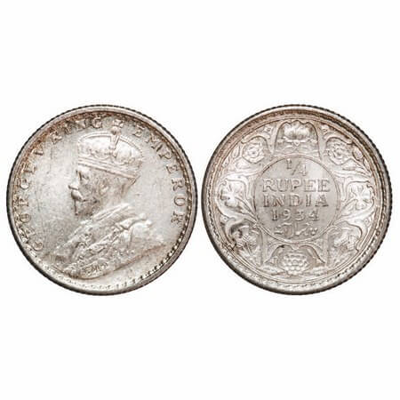 George V, Silver, 1/4 Rupee, 1934, Calcutta Mint, No dot. F. Prid 452. GK 1098. Uncirculat