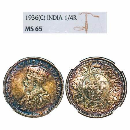 George V, Silver, 1/4 Rupee, 1936, Calcutta Mint, No dot. F. Prid 453. GK 1099. NGC Slab M