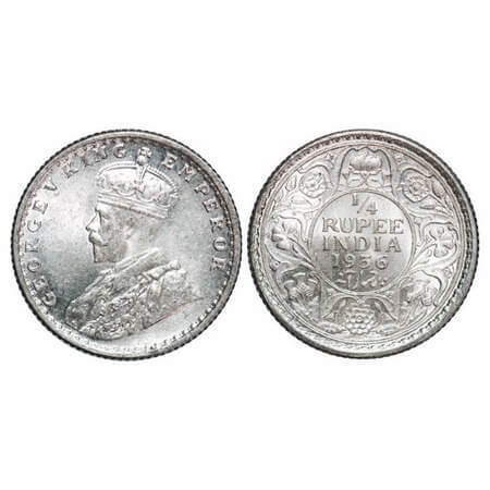George V, Silver, 1/4 Rupee, 1936, Calcutta Mint, No dot. F. Prid 453. GK 1099. Brilliant