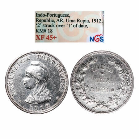 Indo Portuguese, Silver Rupia, Republic (1910-1961 AD), 1912 (overstruck 2 over 1 in date)
