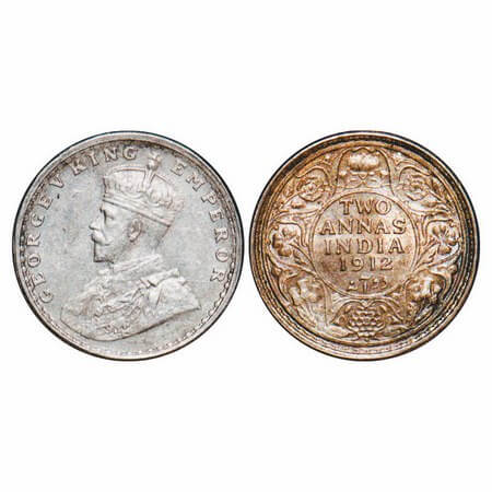 George V, Silver, 2 Annas, 1912, Bombay Mint, Dot, Re-Drawn Elephant. F. Prid 571. GK 1109