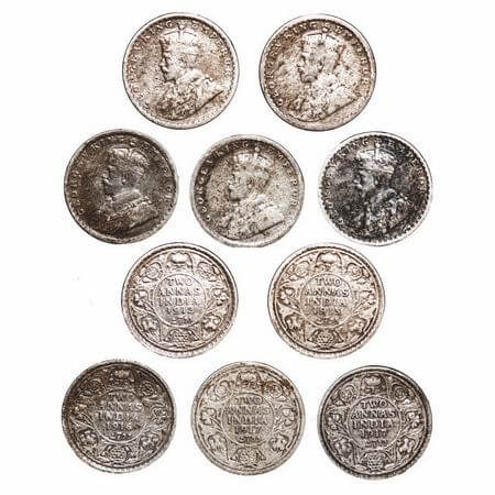George V, Silver, 2 Annas, (lot of 5 coins), 1) 1912, Bombay Mint, Dot, Re-Drawn Elephant,