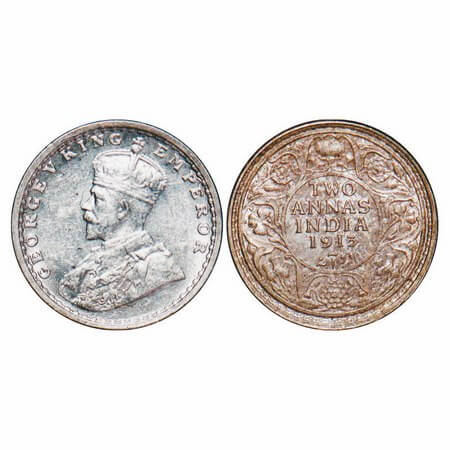 George V, Silver, 2 Annas, 1913, Bombay Mint, Dot. F. Prid 572. GK 1111. Uncirculated, Rev