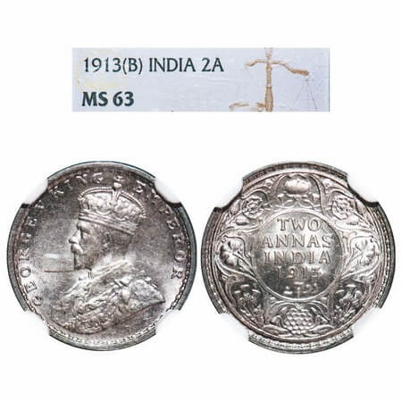 George V, Silver, 2 Annas, 1913, Bombay Mint, Dot. F. Prid 572. GK 1111. NGC Slab MS 63. R