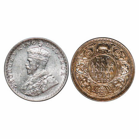 George V, Silver, 2 Annas, 1914, Bombay Mint, Dot, Rainbow Toned Rev. F. Prid 573. GK 1113