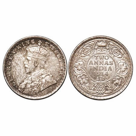 George V, Silver, 2 Annas, 1914, Bombay Mint, Dot. F. Prid 573. GK 1113. Uncirculated, Ton