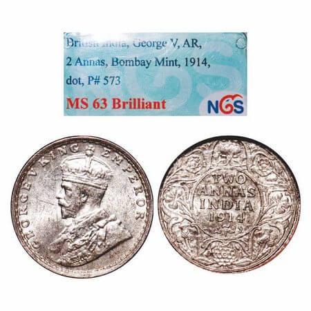 George V, Silver, 2 Annas, 1914, Bombay Mint, Dot. F. Prid 573. GK 1113. NGS Slabbed MS 63