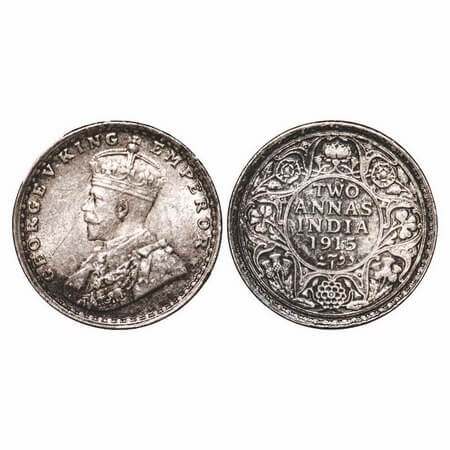 George V, Silver, 2 Annas, 1915, Bombay Mint, Dot. F. Prid 574. GK 1115. Extremely Fine+. 