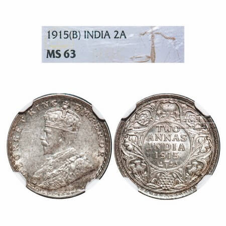 George V, Silver, 2 Annas, 1915, Bombay Mint, Dot. F. Prid 574. GK 1115. NGC Slab MS 63. R