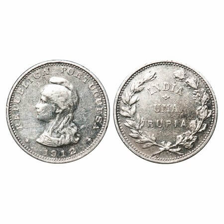 Indo Portuguese, Silver Rupia, 11.59g, Republic (1910-1961 AD), 1912 (overstruck 2 over 1 