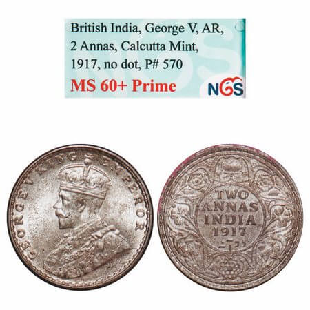 George V, Silver, 2 Annas, 1917, Calcutta Mint, No dot. F. Prid. 570. GK 1117. NGS MS 60+ 