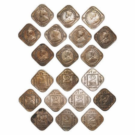 George V, Copper-Nickel, 2 Annas, (lot of 10 coins), 1) 1918, Calcutta Mint, No dot, 2) 19