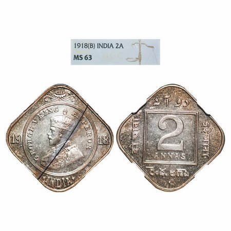 George V, Copper-Nickel, 2 annas, 1918, Bombay Mint, Dot. F. Prid 894. GK 1119. NGC Slab M