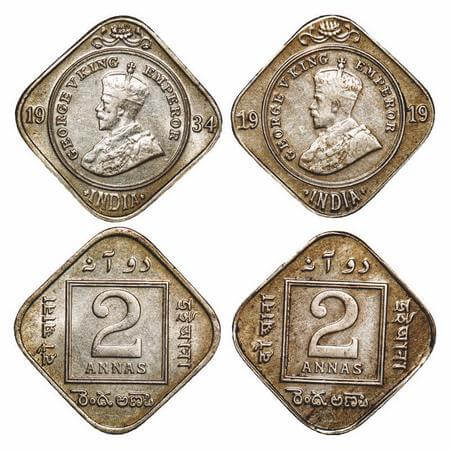 George V, Copper-Nickel, 2 Annas (2 coins), 1919, 1934, Calcutta Mint, No dot. F. Prid 881