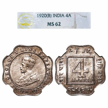 George V, Copper-Nickel, 4 Annas, 1920, Bombay Mint, Dot. F. Prid 878. GK 1104. NGC Slab M