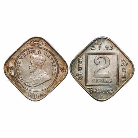 George V, Copper-Nickel, 2 Annas, 1935, Bombay Mint, Dot. F. Prid 902. GK 1139. About Unci