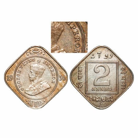 George V, Copper-Nickel, 2 Annas, 1936, Bombay Mint, Dot, A privy mark on Obv. F. Prid 903