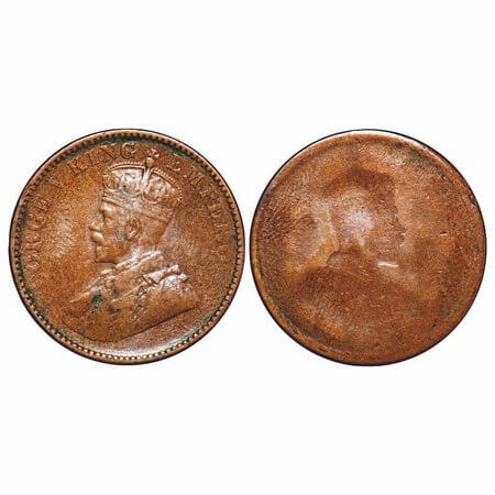 George V, Bronze, Quarter Anna, Error, Obv Brockage. Very Fine+. Very Rare.