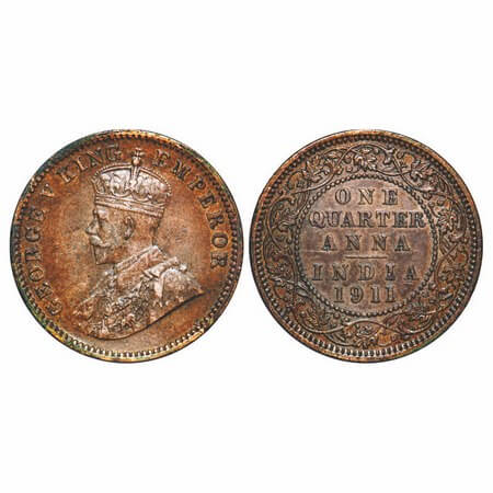 George V, Bronze, Quarter Anna, 1911, Calcutta Mint, No dot, Pig-Type. F. Prid 656. GK 117