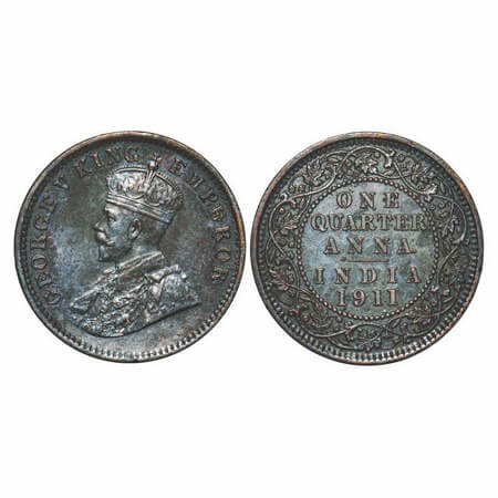George V, Bronze, Quarter Anna, 1911, Calcutta Mint, No dot, Pig-Type. F. Prid 656. GK 117