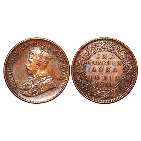 George V, Bronze, Quarter Anna, 1911, Calcutta Mint, No dot, Pig-Type. F. Prid 656. GK 117