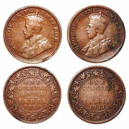 George V, Bronze, Quarter Anna, (2 coins), 1911 & 1916, Calcutta mint, No dot. GK 1171, 11