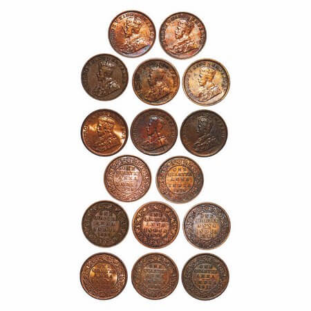 George V, Bronze, Quarter Anna, (lot of 8 coins), 1 & 2) 1911, Calcutta mint, No dot, Pig-