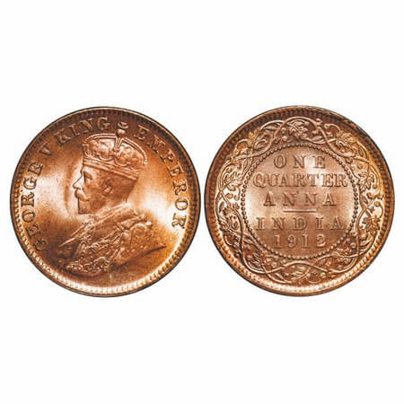 George V, Bronze, Quarter Anna, 1912, Calcutta Mint, No dot. Die crack on Rev, A minor cud