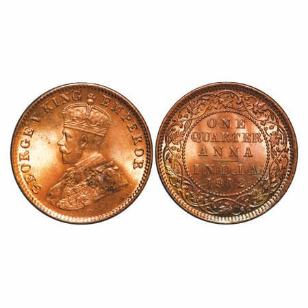 George V, Bronze, Quarter Anna, 1912, Calcutta Mint, No dot. F. Prid 658. GK 1172. Uncircu