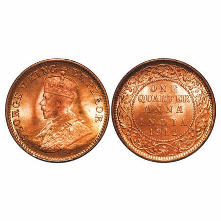 George V, Bronze, Quarter Anna, 1912, Calcutta Mint, No dot, Elephant-Type. F. Prid 658. G